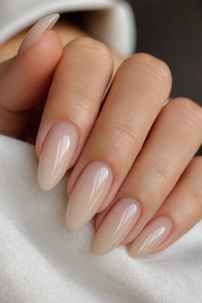 Close-up of almond acrylic nails in a milky beige nude. The cuticle area looks slightly translucent with a soft clear halo, and the rest of the nail is smooth and glossy. No gems; the shine is mirror-like.