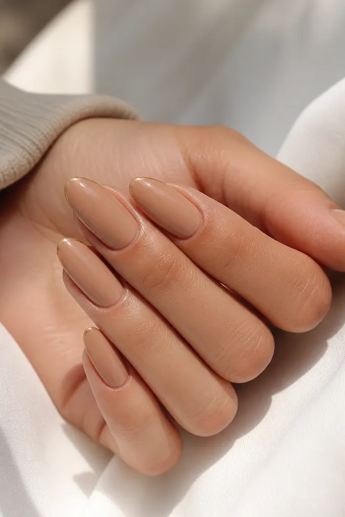 Almond nude nails in a warm caramel beige. The tips have a super thin French line in champagne-gold, like a pencil stroke, with a glossy clear top coat. The cuticles are clean and natural-looking.
