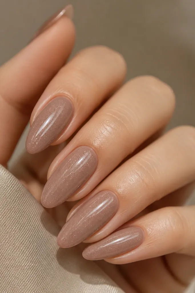 Almond nails in a warm taupe nude. Over the entire nail surface there's a faint scatter of tiny silver-beige specks that catch light, like fine glitter dust under glass. Glossy and smooth, no chunky sparkle.