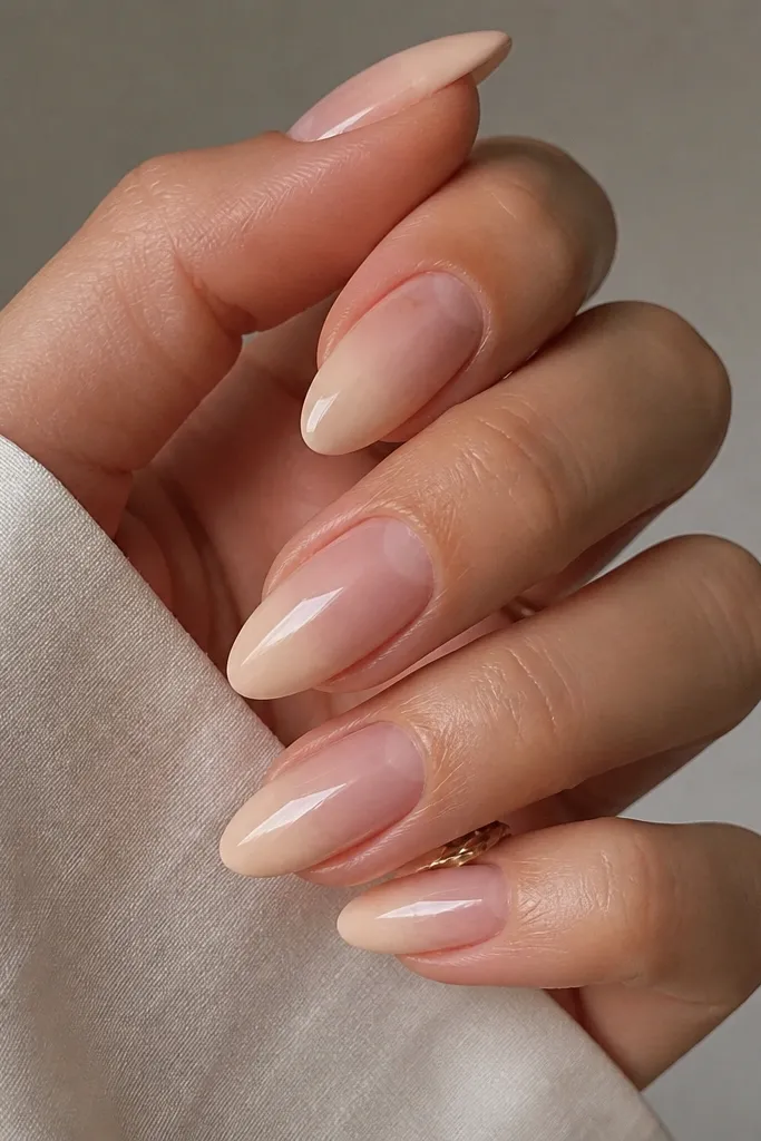 Almond nails with a nude ombré: the base is sheer and slightly frosted near the sides, fading into a creamy nude toward the tip. The center looks clearer, and the top is very glossy.
