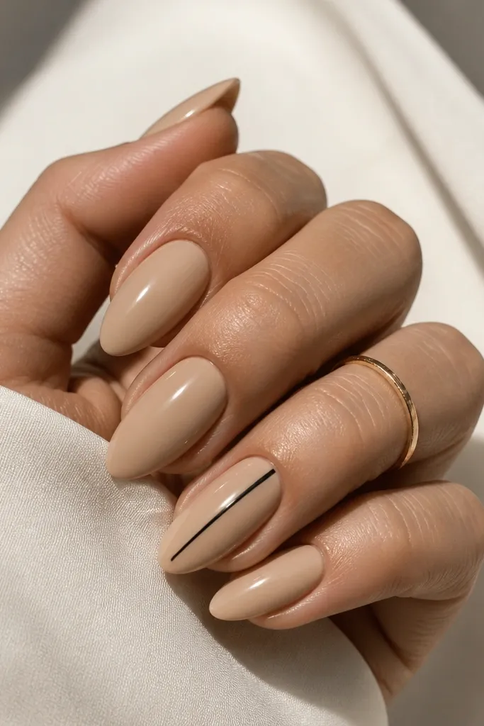 Almond nude nails in a neutral beige nude. On one accent nail there's a single thin black stripe running vertically from near the cuticle to the tip, glossy and sharp-edged.