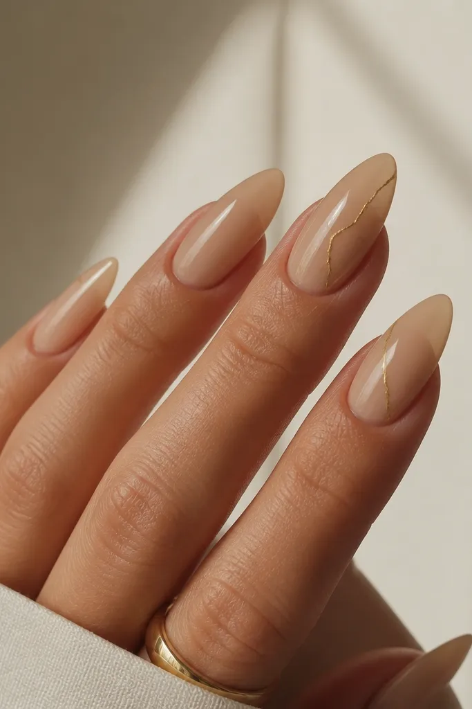 Almond nails in a nude beige. One or two nails have a delicate gold thread-like vein running diagonally, embedded under the clear top so it looks suspended. Glossy with depth.
