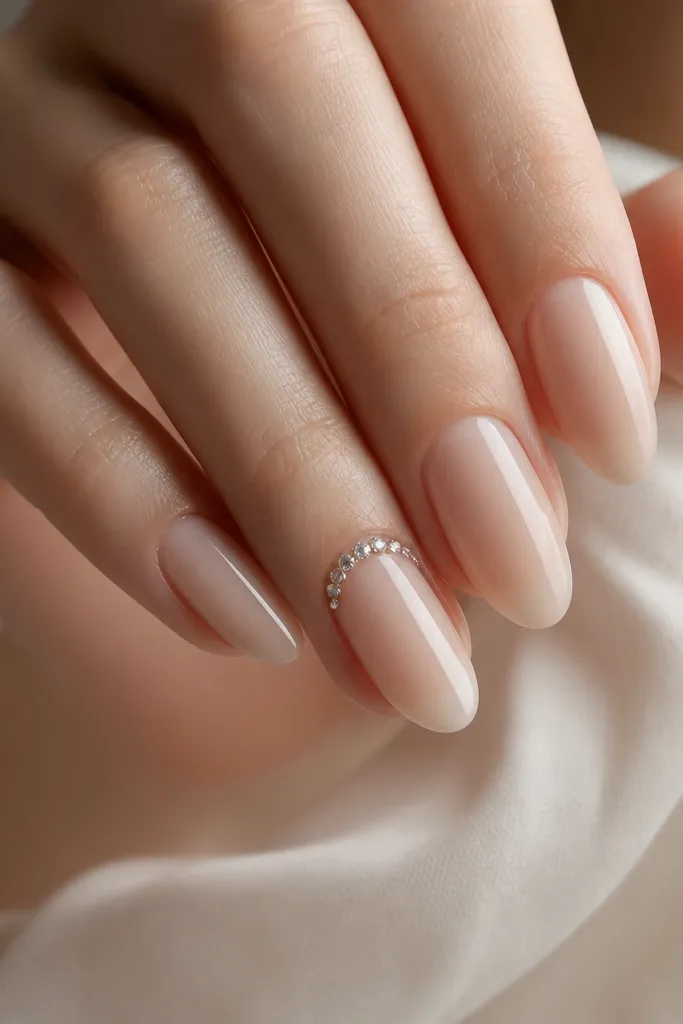 Almond champagne nude nails. The ring nail has a small halo of tiny clear rhinestones sitting near the cuticle curve, like a half-moon. The other nails are plain glossy nude.