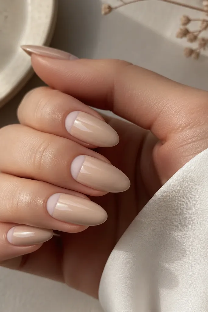 Almond nails in a glossy nude base. The cuticle area has a matte reverse French band - a soft curved matte panel right above the skin line. The rest of the nail stays glossy.