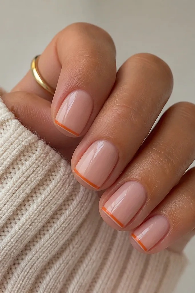 Short square nails with a nude base; the tips are a narrow pumpkin orange micro-French line, crisp and straight.