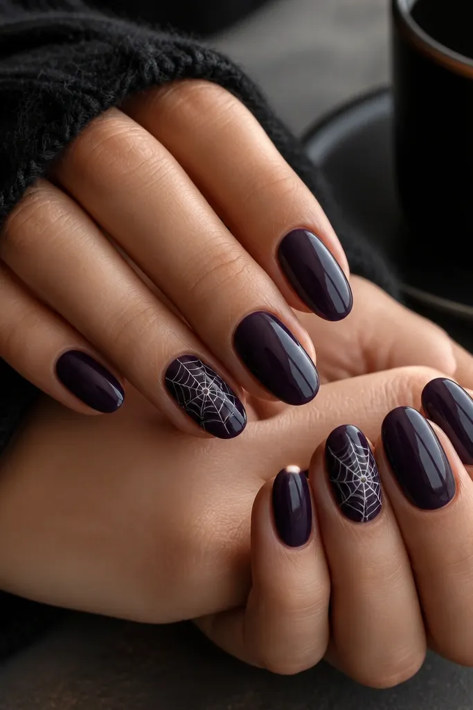 Short almond nails in deep midnight purple; two accent nails have a tiny white spiderweb line drawn near the center, with a dot at the center.