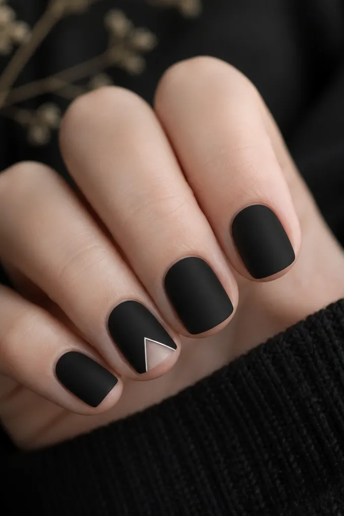 Short square nails with a matte black base; one accent nail shows a small triangular negative-space 'witch hat' shape at the tip edge, outlined with thin white lines.