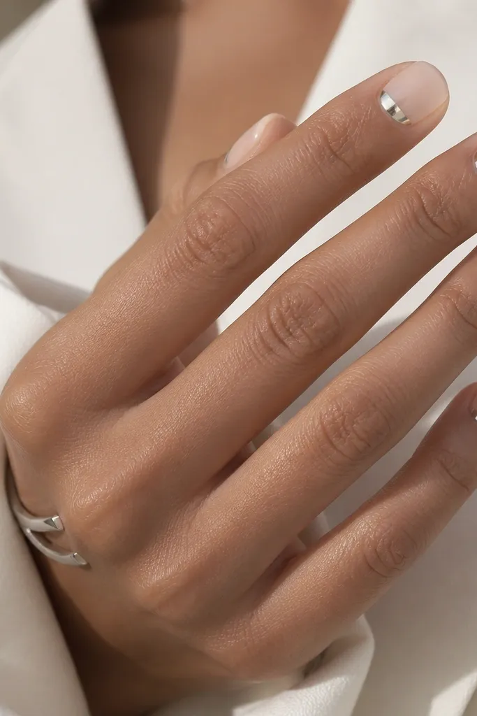 Short rounded nails in sheer nude; the cuticles have a reflective silver chrome half-moon on each nail.