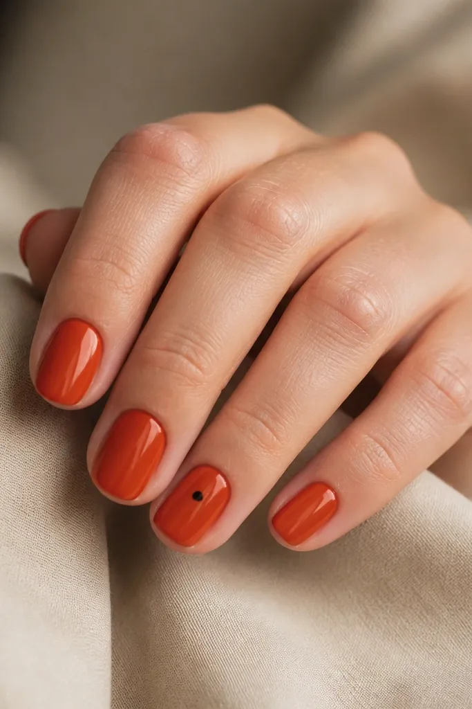 Short oval nails painted glossy blood orange; one nail has a single tiny black dot near the center.