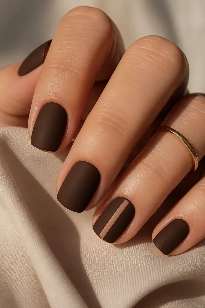Short square nails in matte espresso brown; one accent nail has a thin nude stripe running vertically down the center.