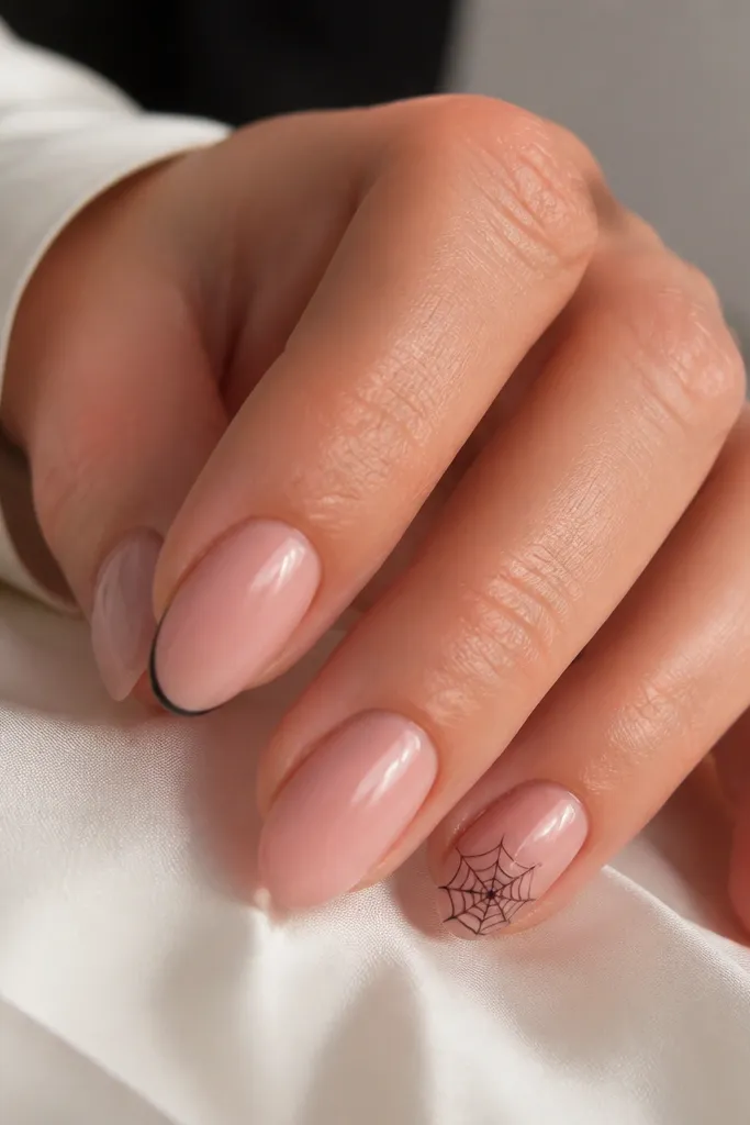 Short almond nails in nude pink; one accent nail has a thin black micro-French and a small spiderweb drawn inside the tip area.