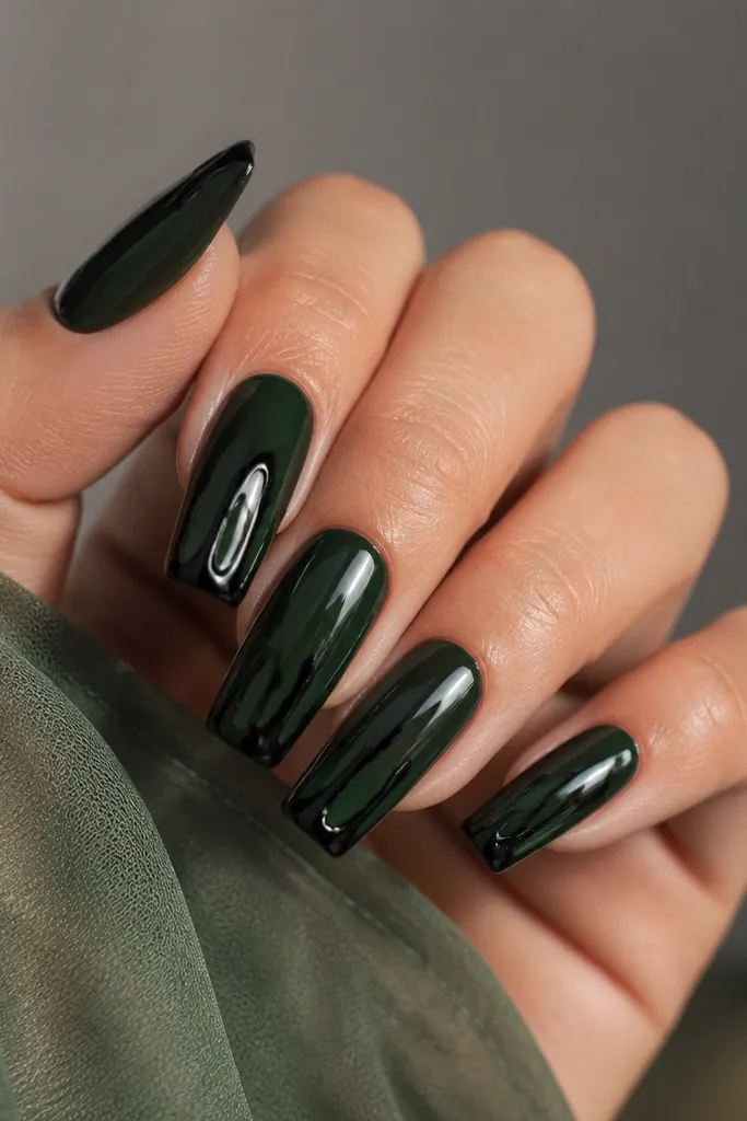 Short coffin nails painted deep translucent green; the tips have a glossy black 'drip' effect with a few uneven edges.