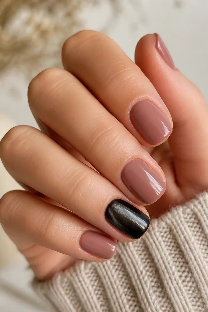 Short rounded nails in rose nude; the ring finger has a black cat-eye gel polish that creates a glowing stripe.