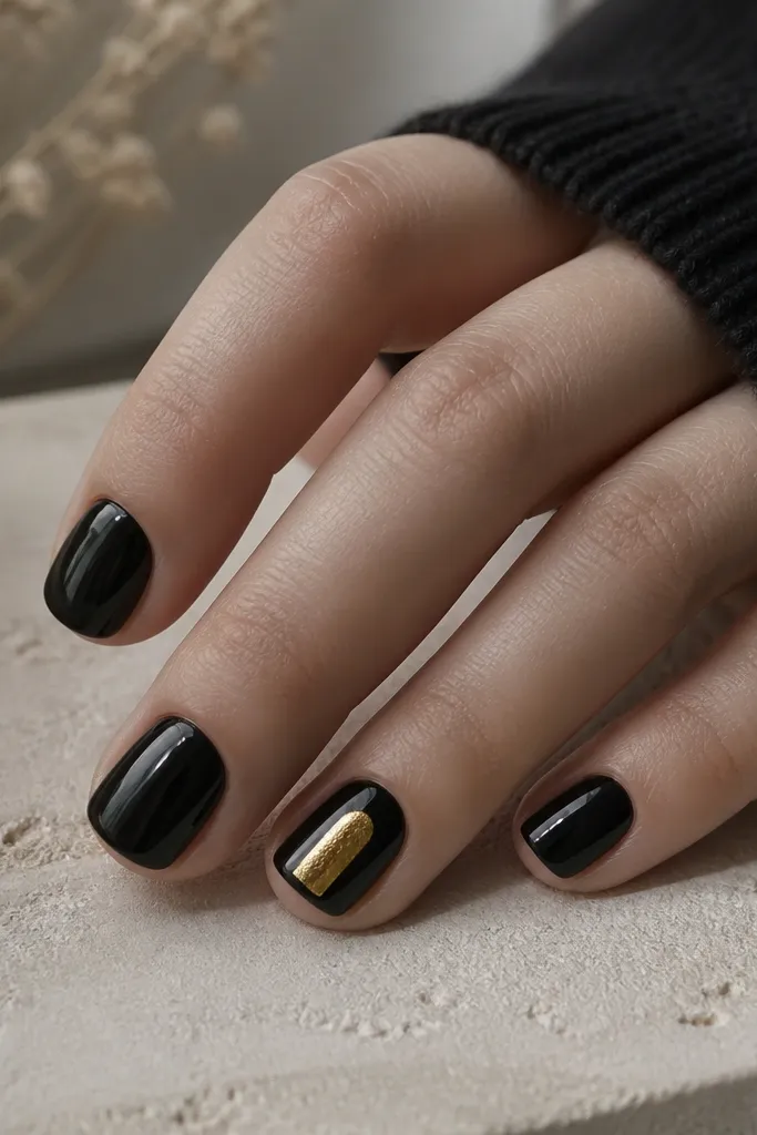 Short square nails in black; one accent nail shows a small gold foil tombstone shape at the center of the nail.