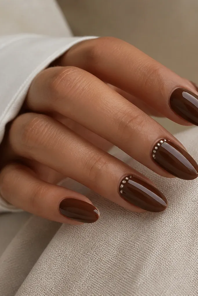 Short almond nails painted glossy chocolate brown; two nails have tiny silver micro-studs near the cuticle in a neat line.
