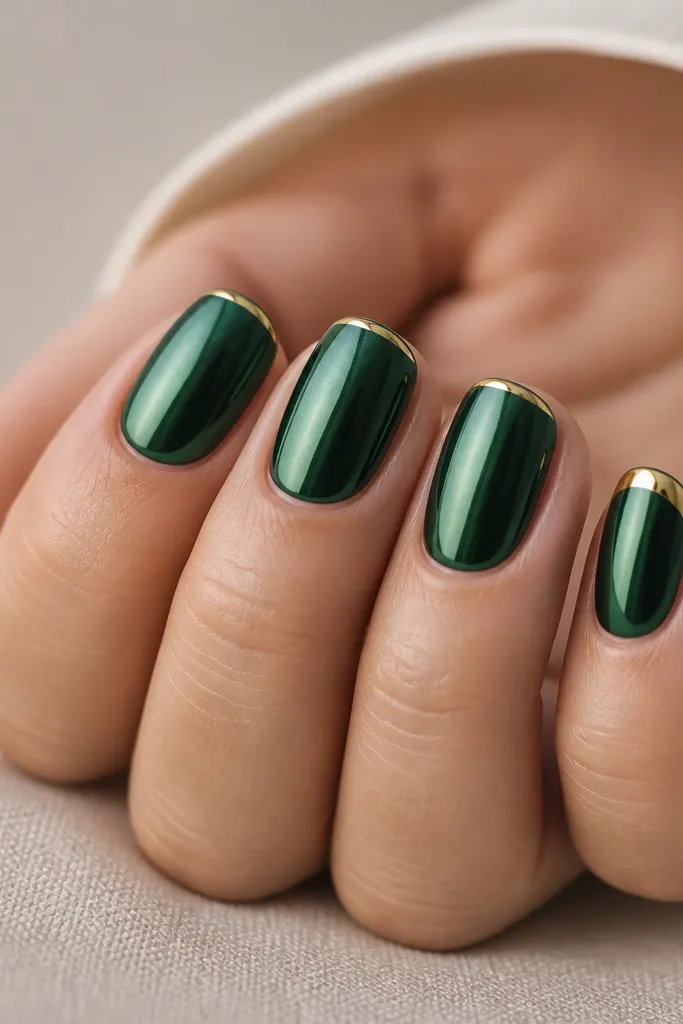 Four nails in deep emerald chrome with a narrow gold line running right at the smile line; two nails show a slightly thicker gold edge near the tip.