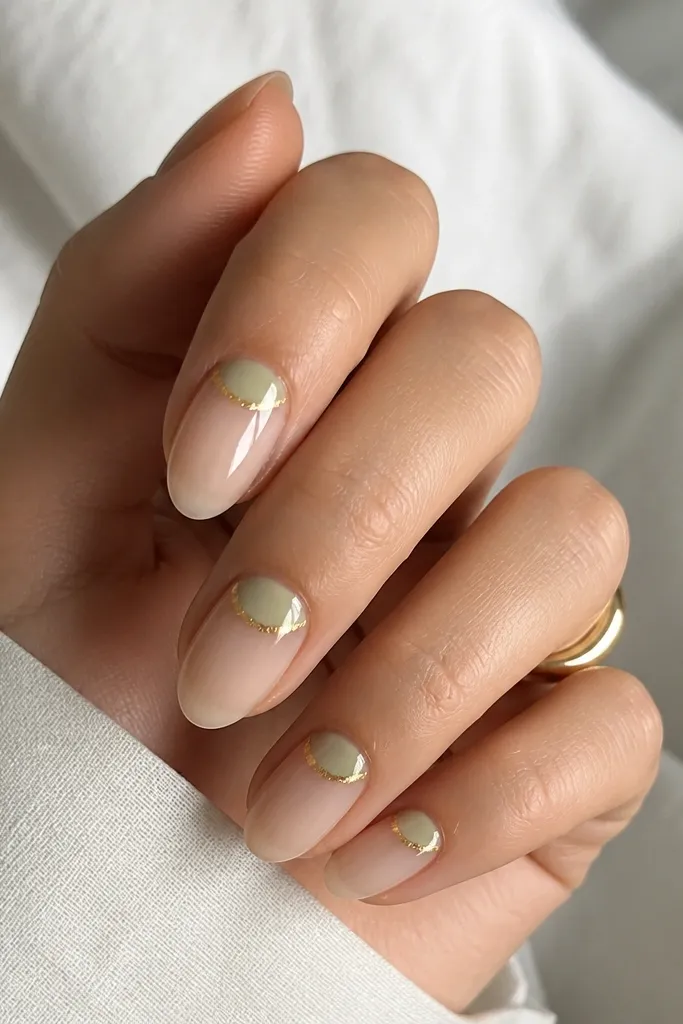 Two-tone look: a translucent sage jelly base with a crescent of gold foil right at the cuticle on each nail, leaving the rest of the nail clear and glossy.