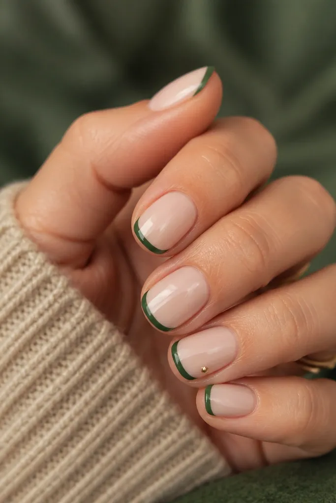 Micro French tips in forest green on a nude base; one accent nail has a single gold dot near the outer edge of the tip.