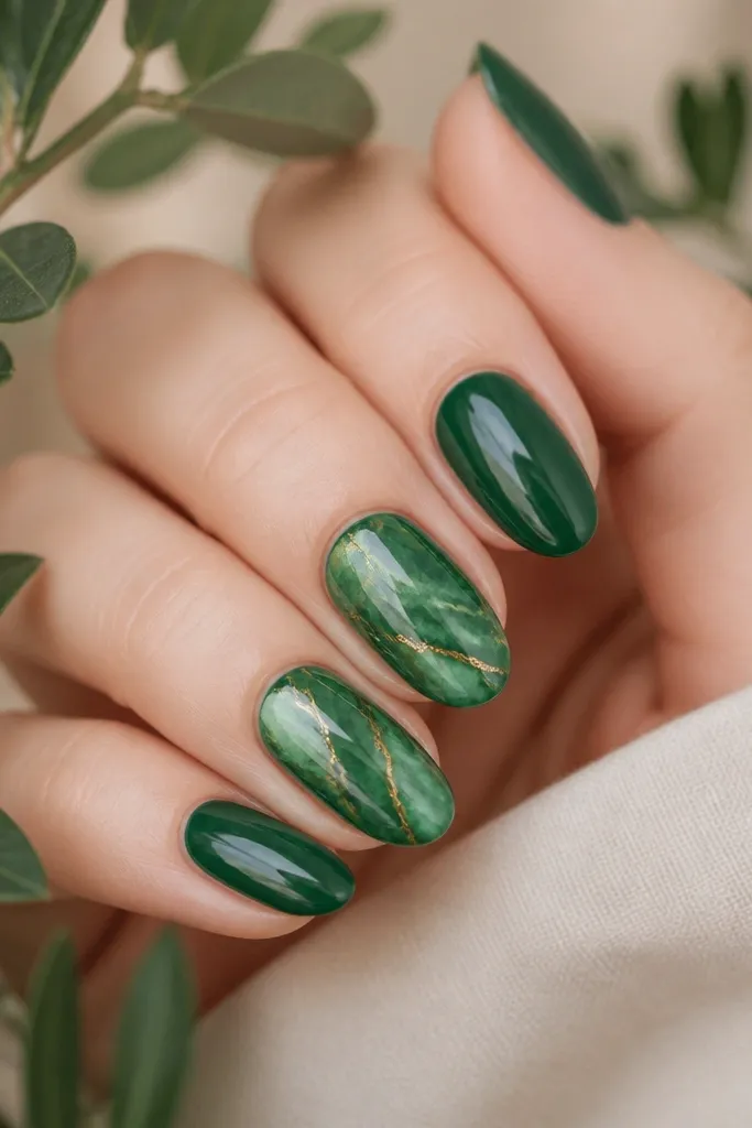 Marble effect in emerald green with lighter green swirls; thin gold leaf veins thread through the marble on two accent nails.