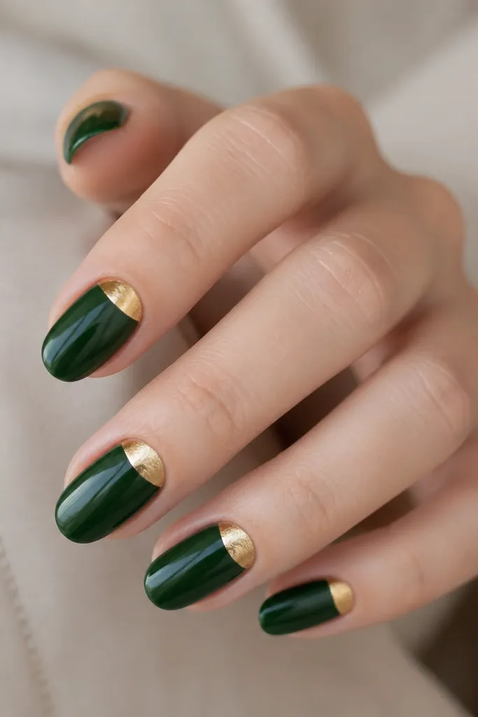Deep green nails with a bold gold foil half-moon that sits at the base of each nail, leaving the rest solid green.