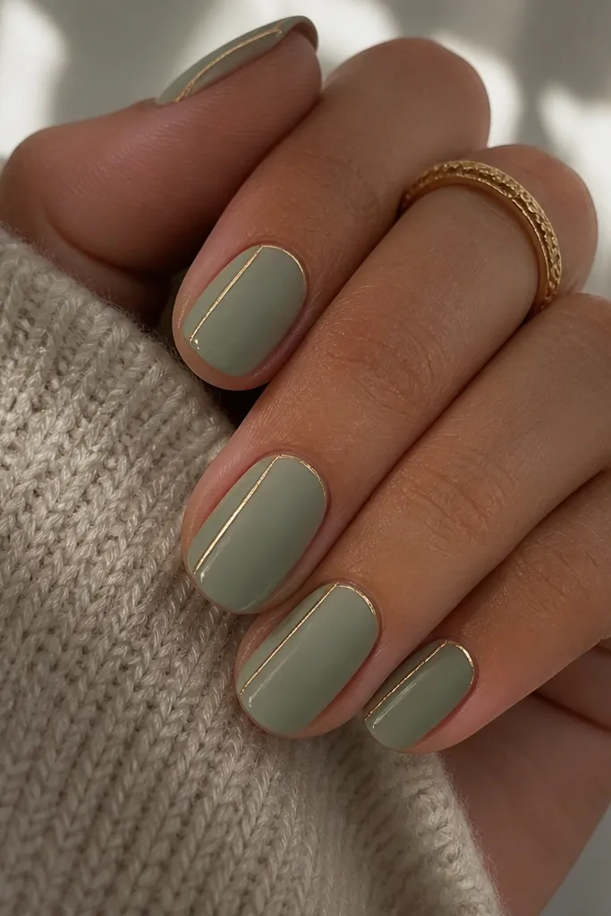 Matte sage nails with a thin gold outline around the tip and along one side of each nail, like a frame.