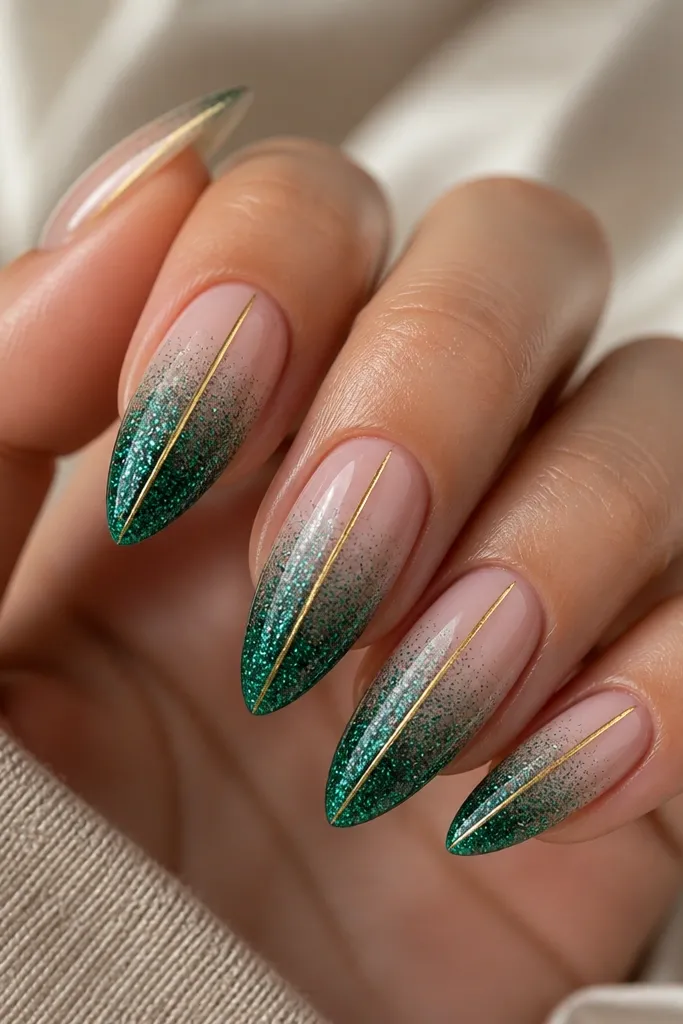Ombré fade from nude base into emerald glitter near the tips; a single gold micro stripe runs down the center on each nail.