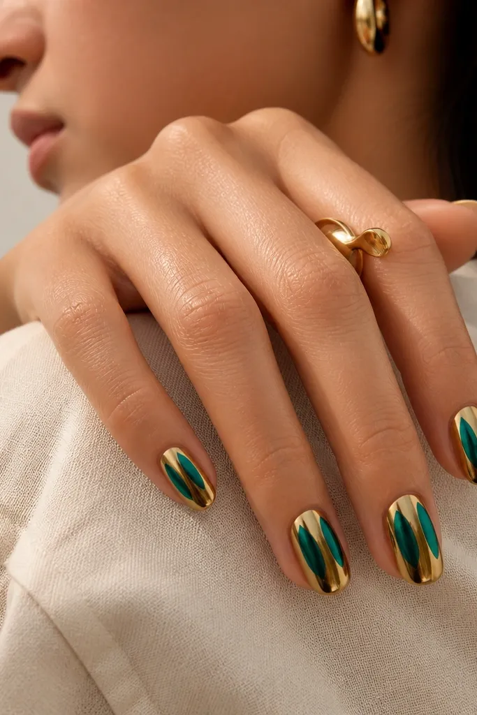 Gold chrome nails with two vertical emerald negative-space panels on each nail, leaving chrome visible between the green shapes.