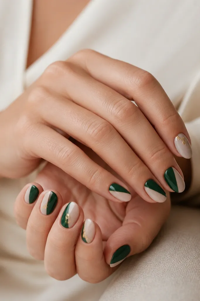 Half the nail is emerald, the other half is nude; gold leaf sits on one corner near the cuticle on two nails.
