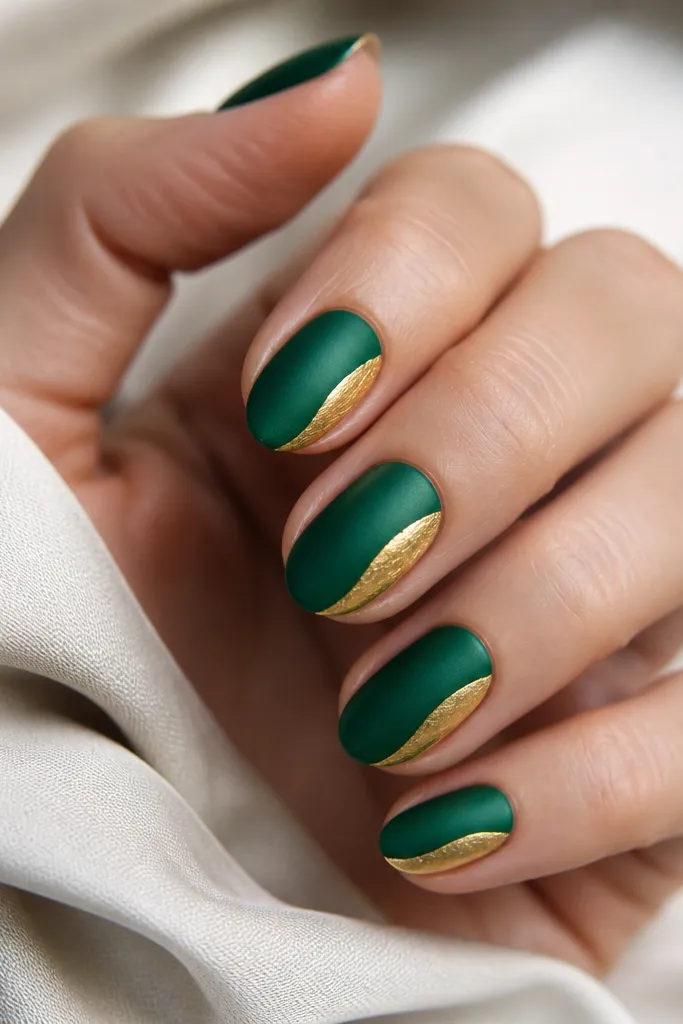 Satin-finish emerald nails with a gold foil half wrap that curves from one sidewall toward the center.