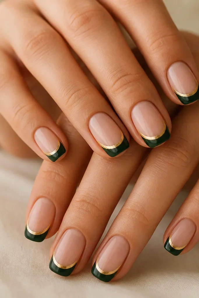 Nude base with deep green French tips; the smile line is filled with gold foil like a thin band.