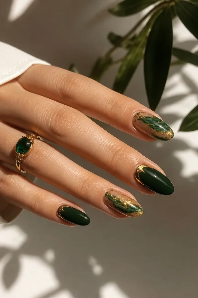 Luxury green and gold nails ideas