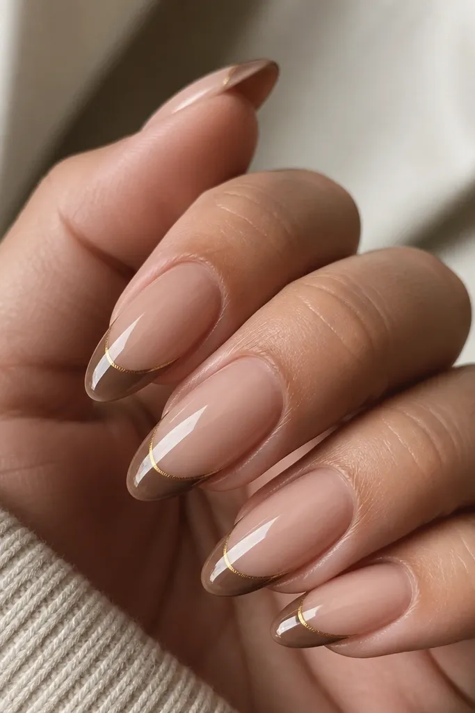 A close-up of almond nails. The tips are a creamy milk-chocolate brown with a razor-thin chrome line running right along the edge, reflecting warm highlights. The rest of the nail is sheer nude with a glossy top coat.