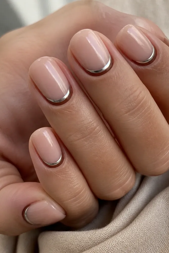 Soft squoval nails with a sheer nude base. The reverse French is espresso brown along the cuticle curve, and a chrome "smile" sits right above it, creating a bright arc. Glossy finish with sharp cuticle-side contrast.