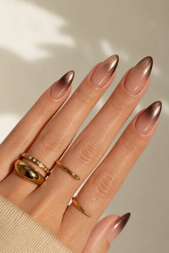 Almond nails with a nude base that transitions into a chocolate gradient at the tips. The chrome is not a line - it fades from the outer edge inward, with a smoky, smoked-metal glow.