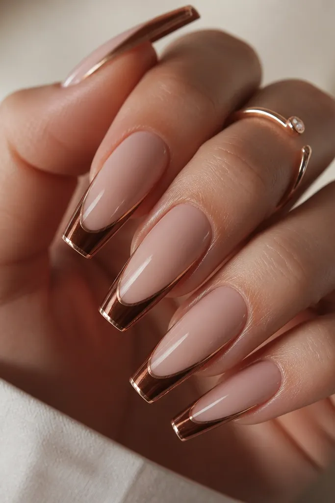 Coffin nails with a deep dark-brown French tip. Along the very outer edge sits a copper-tinted chrome that looks warmer than the brown, creating a thin metallic border. Nude base, mirror-like shine.
