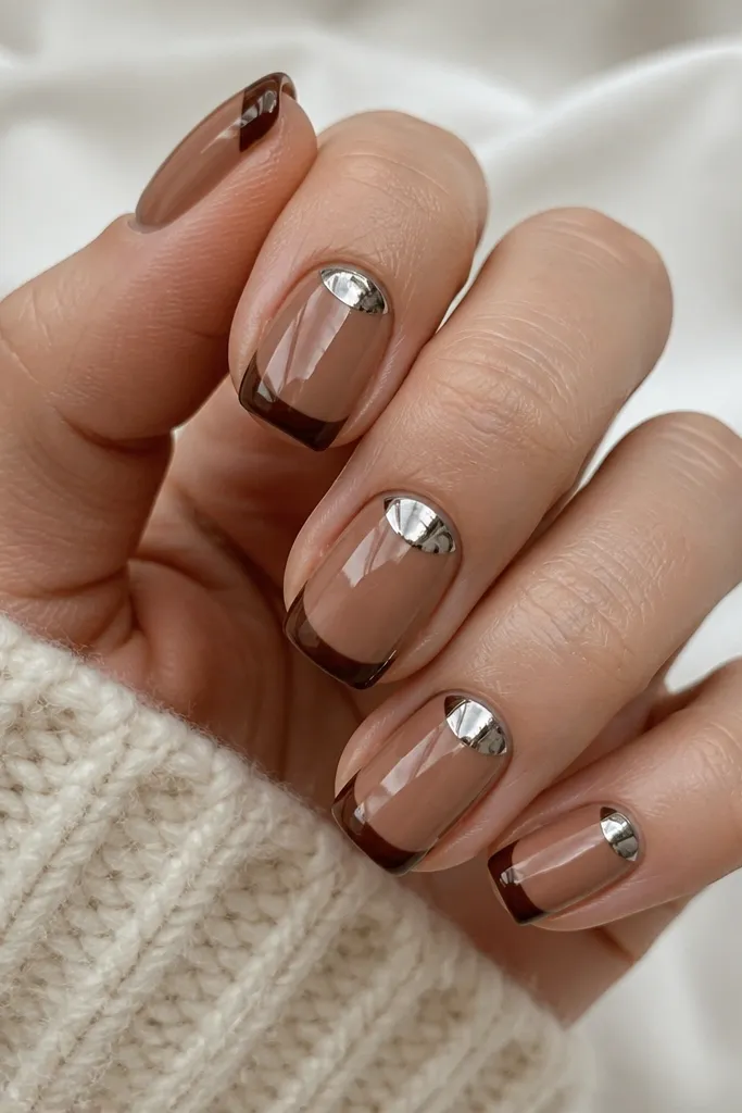 Short squoval nails in caramel nude. The tips are chocolate brown, but the main detail is a chrome half-moon at the center of each nail, reflecting like a tiny mirror. Thick glossy top coat.