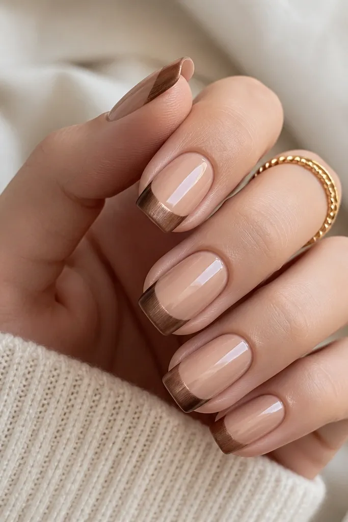 Soft squoval nails with a chai latte nude base. Tips are chai-brown with a slightly frosted chrome effect - not mirror, more like brushed metal. Glossy at the base, soft satin at the tips.