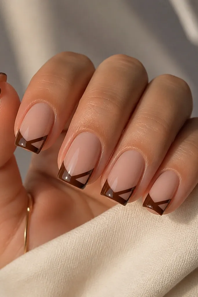 Square-to-squoval nails with a sheer nude base. The French tip is chocolate brown but has a small negative-space triangle cut near one corner. Brown chrome hugs the edge, and the negative space stays clear and glossy.
