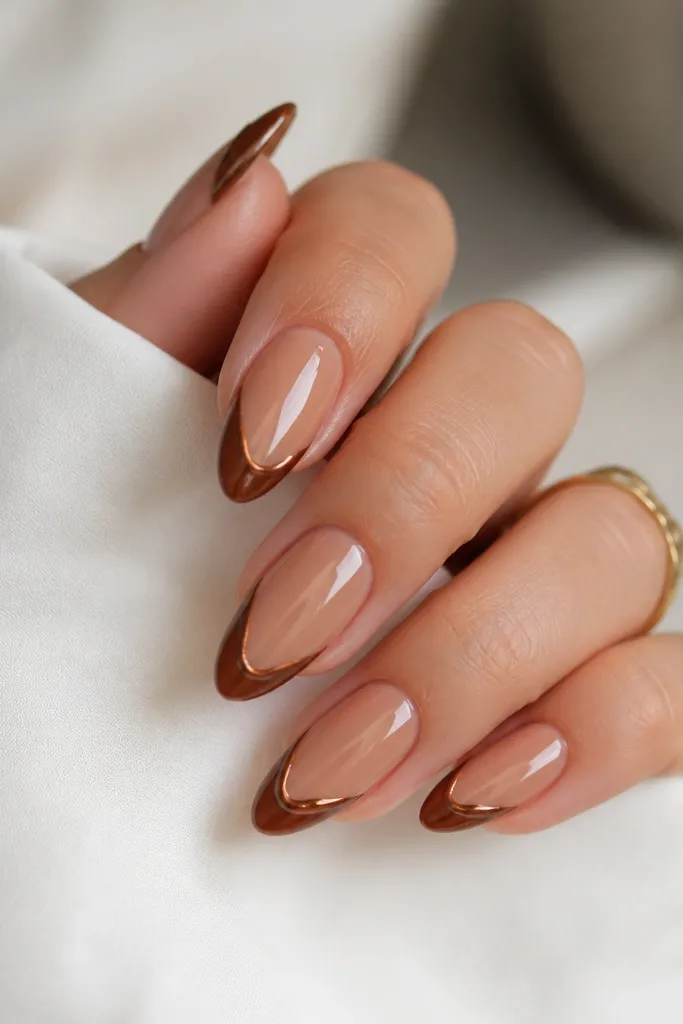 Almond nails with a warm caramel nude base. Tips are warm caramel-brown, and there's a mirror brown chrome "crown" shape at the center of each tip, like a curved arc. Ultra glossy.