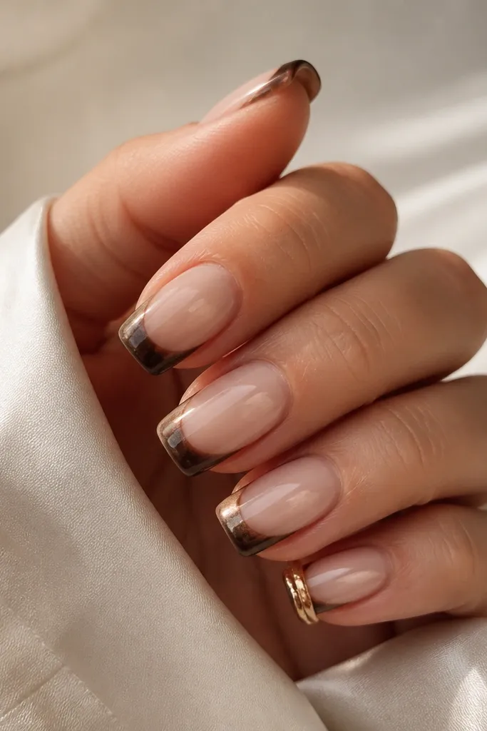Soft squoval nails with sheer nude base and chocolate brown French tips. Over the brown tips there's a faint satin-chrome sheen, like a soft metallic fog, not a bright mirror line. Glossy overall finish.