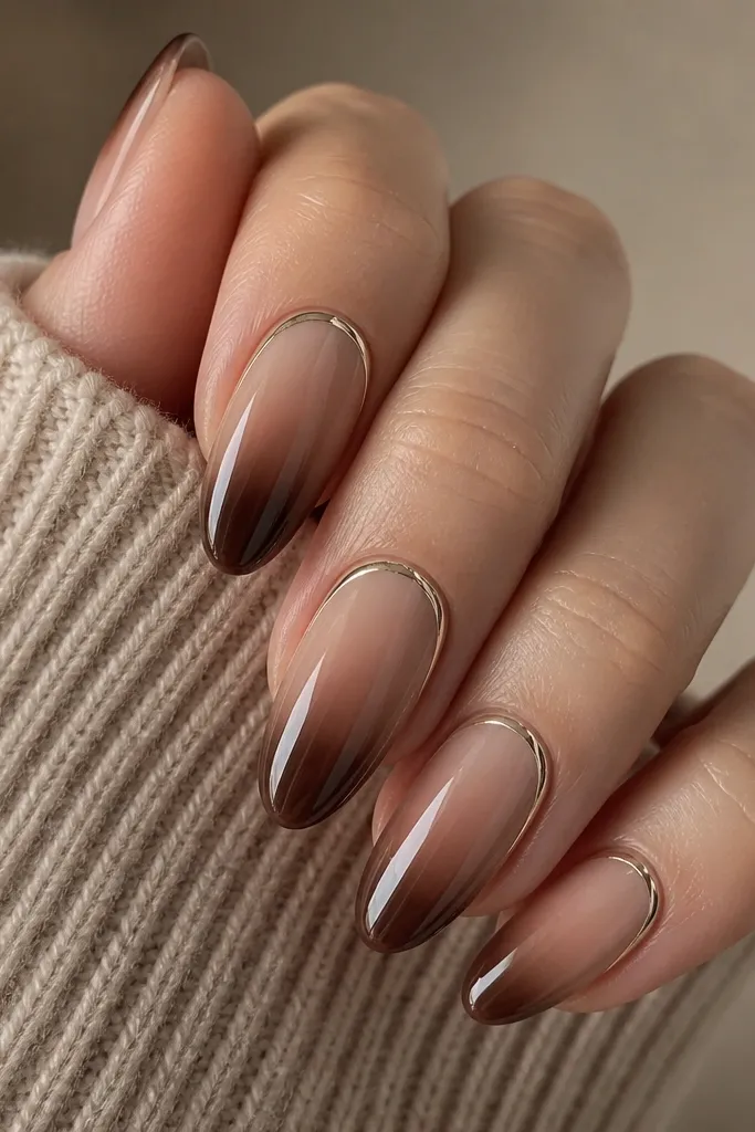 Almond nails with a nude base that fades into cocoa ombré at the tips. A thin chrome halo sits around the cuticle curve, brighter on the sides. The rest of the tip stays chocolate rather than glittery.