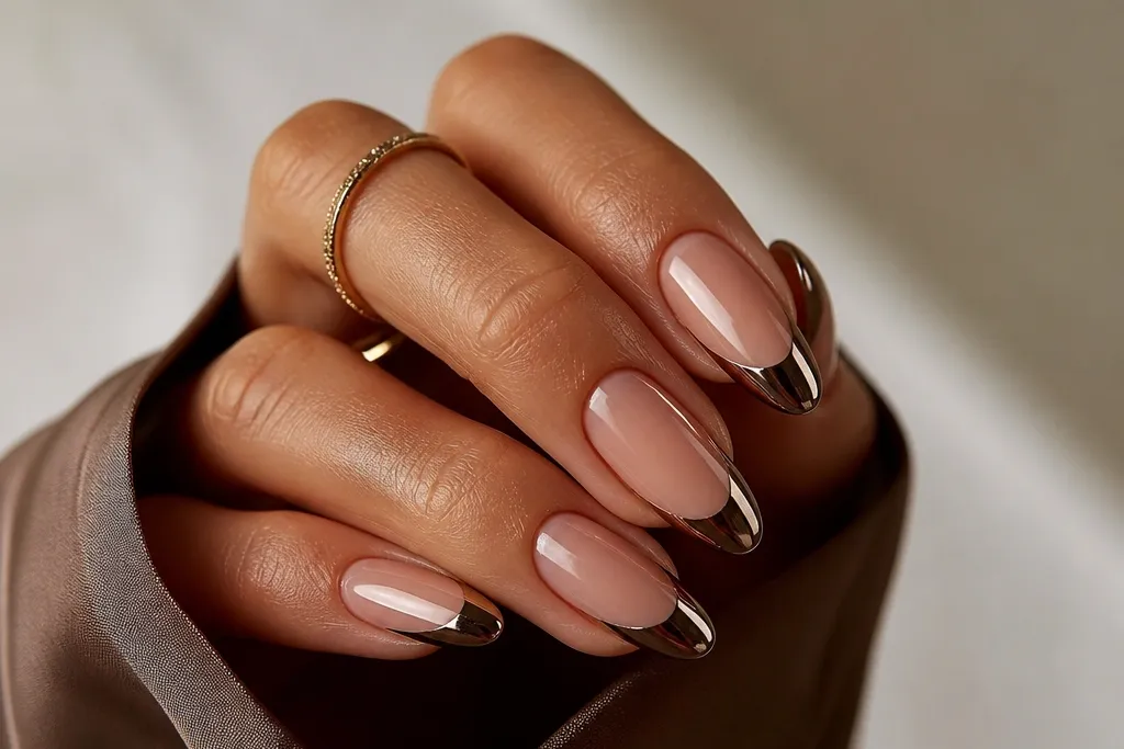 Luxury high end brown chrome french tip nails