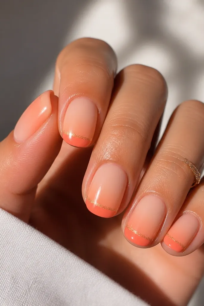 Short squoval nails with a peach-to-orange sunset ombre. A thin, horizontal line of fine gold micro-glitter sits above the very tip, and the rest is smooth glossy gel.