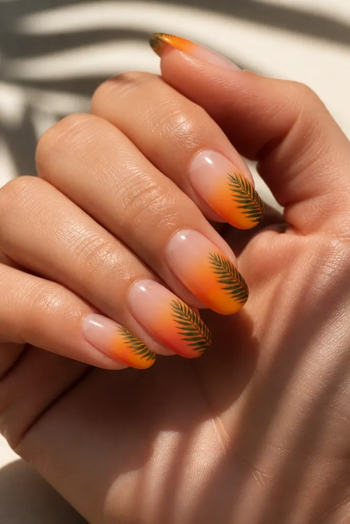 Nails with a sunset gradient only on the outer half. The inner half-moon near the cuticle is left bare or clear. Palm frond shadows in dark green sit over the orange edge.