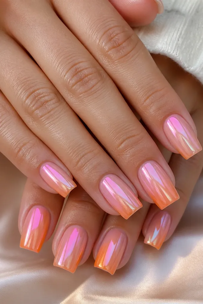 Square nails with a smooth pink-to-orange fade. Over it, a seashell chrome powder creates a soft iridescent sheen, mostly shifting pink at the cuticle and orange at the tips.