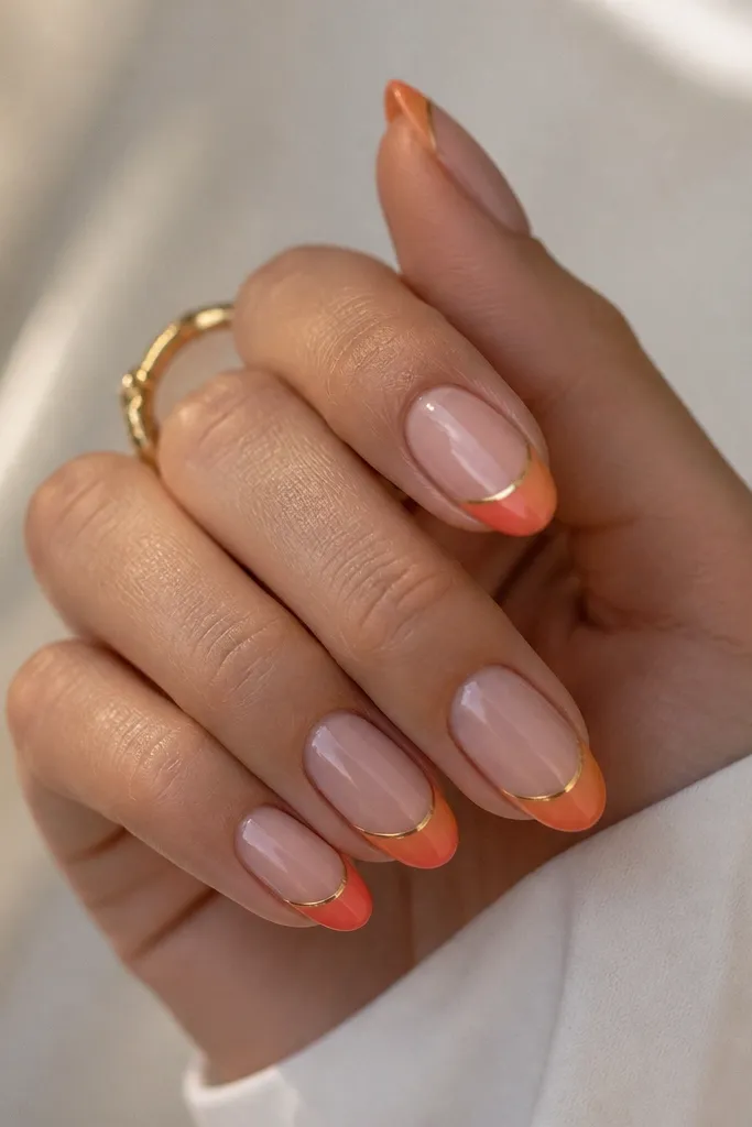 Short almond nails. The tips are a sunset gradient from coral to orange, styled like French tips. A thin gold gel line runs just above the tip curve.
