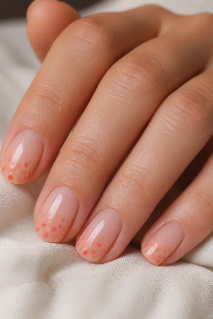 Nude nails with a fading cluster of coral and peach dots near the tips. Some dots include tiny gold sparkles embedded in the gel.