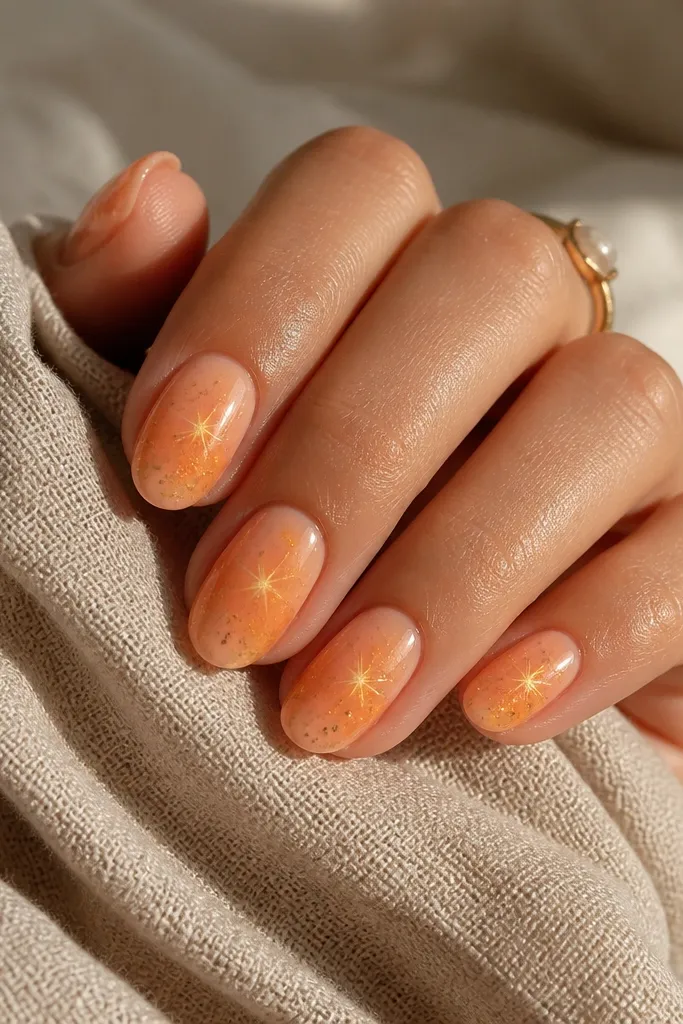 Peach-to-orange gradient nails with a small starburst flare near the center of each nail. Gold foil flecks sit around the starburst like glittering sand.