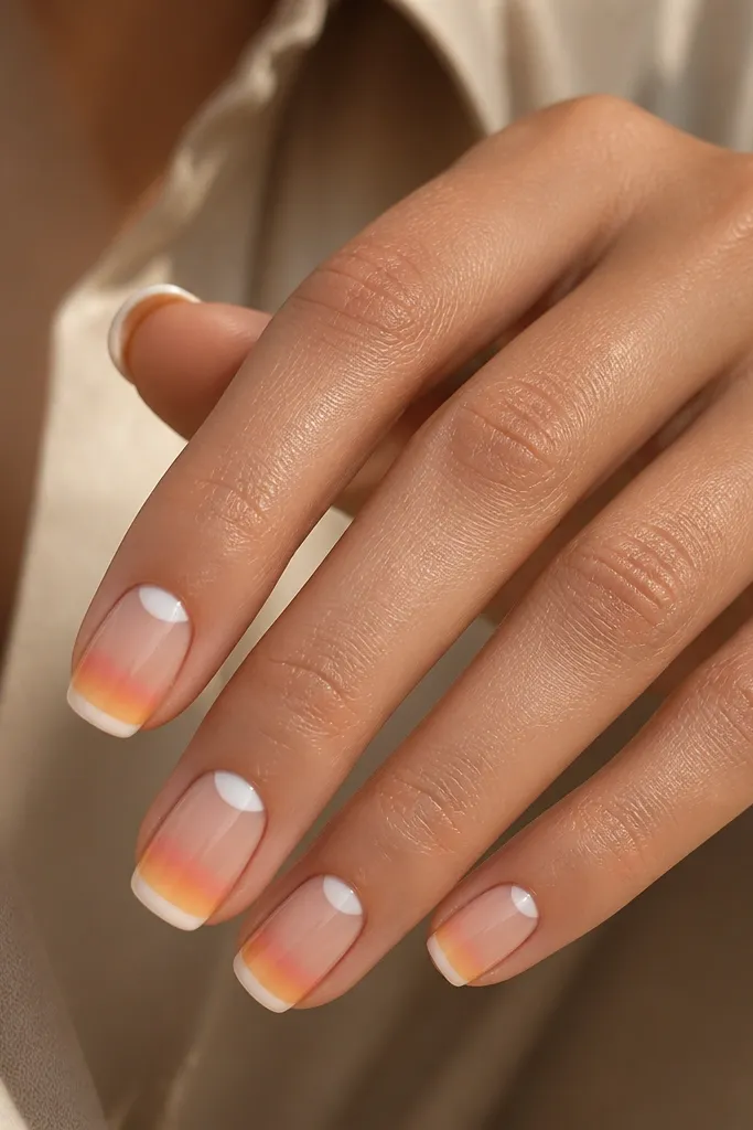 Clear half-moon at the cuticle on nude nails. The tips have a soft sunset gradient, but the gradient stops short of the natural nail edge, leaving crisp negative space.