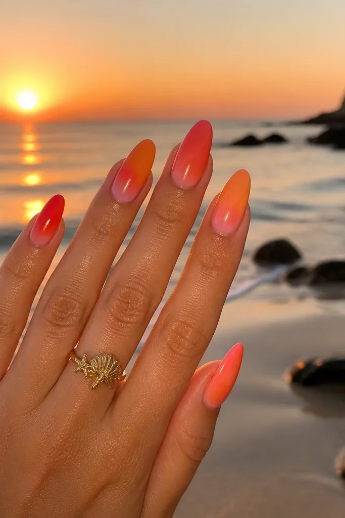 Luxury high end sunset nails for coastal summer days